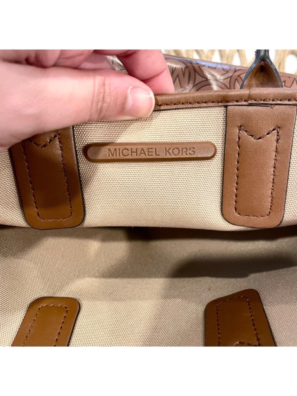 Michael Kors Jodie Small Logo Jacquard Tote Bag in Luggage Tan - Picture 8 of 10
